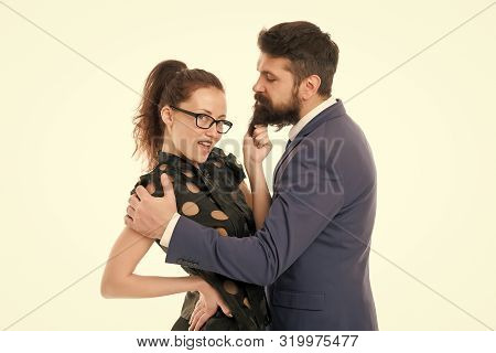Knowing His Dirty Secrets. She Knows How Achieve Success. Colleagues Man With Beard And Pretty Woman