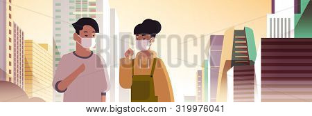 Couple Wearing Face Masks Toxic Gas Air Pollution Industry Smog Polluted Environment Concept Man Wom