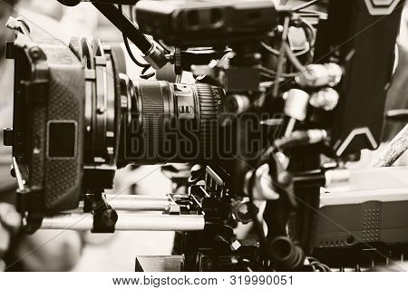 Film Industry. Filming With Professional Camera Background