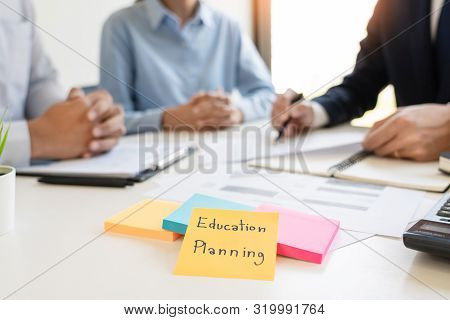 Wealth Management Concept, Business Man And Team Analyzing Financial Statement For Planning Financia