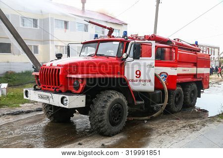 Novyy Urengoy, Russia - September 1, 2019: Fire Truck Ural 4320 Takes Part In The Extinguishing Of T