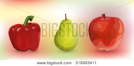 Realistic Set From Apple, Pear And Pepper. Vector Illustration