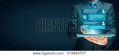 Chatbot Digital Tablet Artificial Intelligence Communication Concept. Chatbot Is New Trend In B2c Co