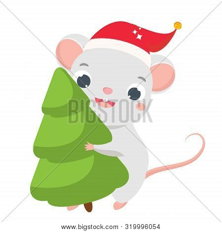 Cartoon Mouse. Cute Rat In New Year Hat Carry Spruce Tree. Symbol Of 2020 Chinese Calendar