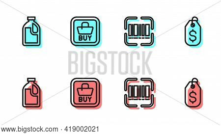 Set Line Scanner Scanning Bar Code, Bottle For Cleaning Agent, Buy Button And Price Tag With Dollar 