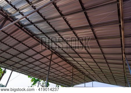 Steel Roof Structure. Moonlight Bulb. Steel Structure With Roof Tiles. Architectural Structure Of Ro