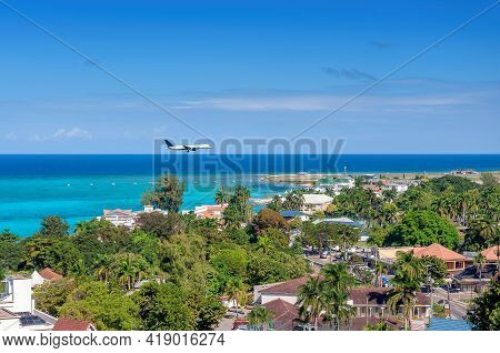 Aerial View Of Sunny Beach In Tropical Caribbean Island. Jamaica Beach In Montego Bay.