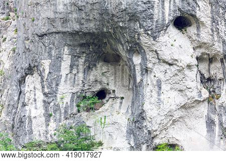 Holes In The Natural Rock , Nest For Eagles . Habitation Of Predator Birds
