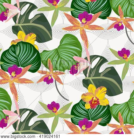 Tropical Flora And Leaves Vector Pattern, Repeating Monstera Leaves, Orchid Flower, And Calathea Orb