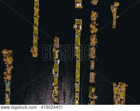 Aerial View Of Small Islands In The Lake Vinkeveense Plassen, Near Vinkeveen, Holland. It Is A Beaut