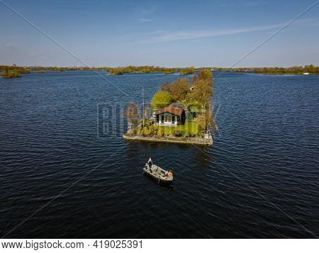 Aerial View Of Small Islands In The Lake Vinkeveense Plassen, Near Vinkeveen, Holland. It Is A Beaut