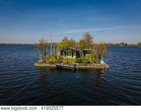 Aerial View Of Small Islands In The Lake Vinkeveense Plassen, Near Vinkeveen, Holland. It Is A Beaut