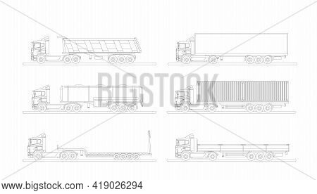 A Set Of Images Of A Modern European Truck With Different Variants Of Semi-trailers. Flat Vector Ill