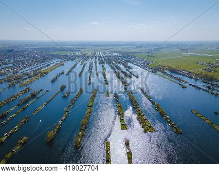 Aerial View Of Small Islands In The Lake Vinkeveense Plassen, Near Vinkeveen, Holland. It Is A Beaut