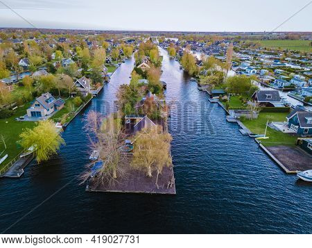 Aerial View Of Small Islands In The Lake Vinkeveense Plassen, Near Vinkeveen, Holland. It Is A Beaut