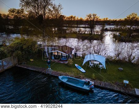 Aerial View Of Small Islands In The Lake Vinkeveense Plassen, Near Vinkeveen, Holland. It Is A Beaut