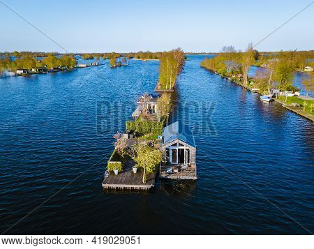 Aerial View Of Small Islands In The Lake Vinkeveense Plassen, Near Vinkeveen, Holland. It Is A Beaut