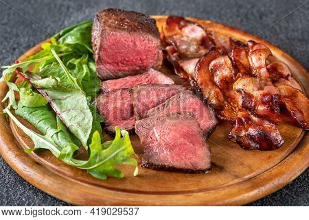 Beef Steak With Fried Bacon