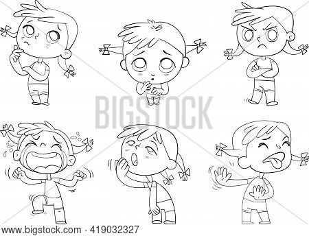 Cute Girl With Pigtails In A Variety Of Emotional States. Black And White Drawing. Funny Cartoon Cha