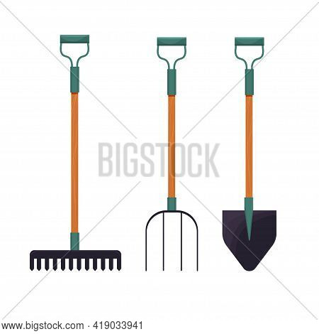 Set Of Farmer, Gardening Equipment In Flat Cartoon Style, Planting Tool Kit Isolated On White Backgr
