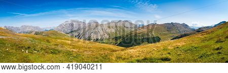 Mottolino Bike Park In Livigno, Italy. Panoramic View Of Mountains In Livigno, Italy.