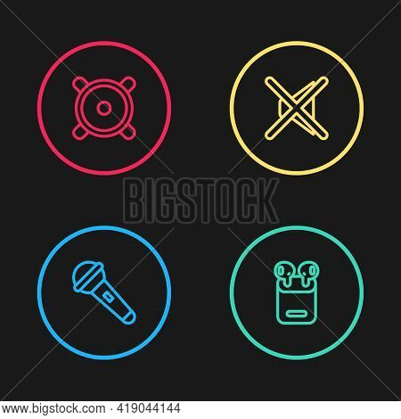 Set Line Microphone, Air Headphones In Box, Speaker Mute And Stereo Speaker Icon. Vector