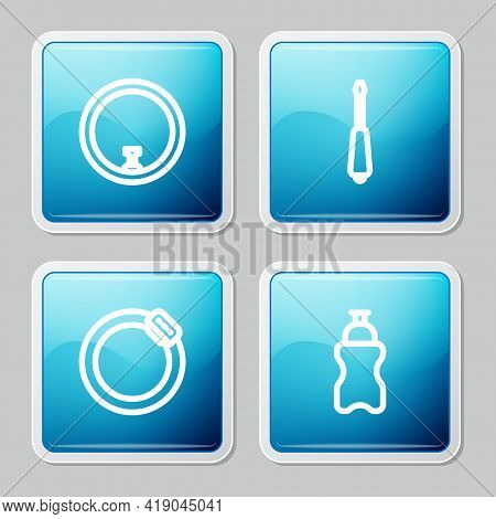 Set Line Bicycle Wheel, Screwdriver, Brake Disc And Sport Bottle With Water Icon. Vector