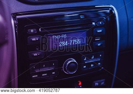 Novosibirsk, Russia - April 25 2021: Nissan Terrano, Auto Interior, Car Stereo Audio System Front Pa