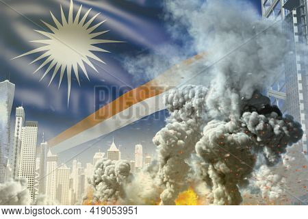 Huge Smoke Column With Fire In The Modern City - Concept Of Industrial Explosion Or Terroristic Act 