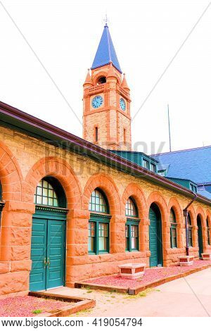 April 26, 2021 In Cheyenne, Wy:  Historical Train Depot With A Clock Tower Taken In The Cheyenne, Wy