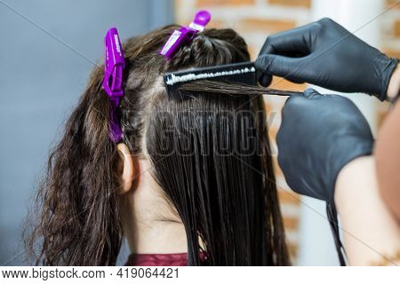 A Professional Hairdresser Combs The Hair After Applying Liquid Keratin. Keratin Hair Straightening 