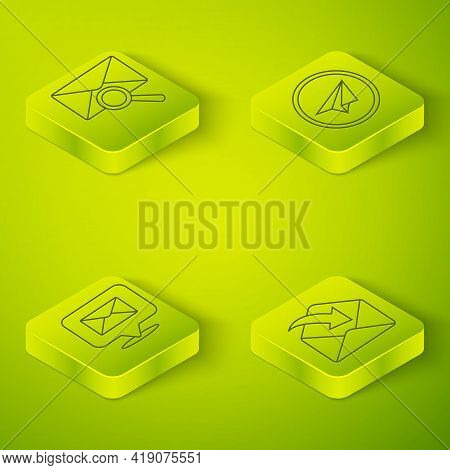Set Isometric Paper Plane, Speech Bubble With Envelope, Envelope And Envelope With Magnifying Glass 