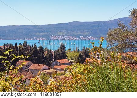 Beautiful  Sunny Mediterranean Landscape With Sailboats On Water.  Montenegro, Adriatic Sea, View Of