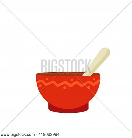 Green Tea Cup. Red Earthenware. Piala Bowl. National Ethnic Oriental Drink With Spoon. Flat Cartoon 