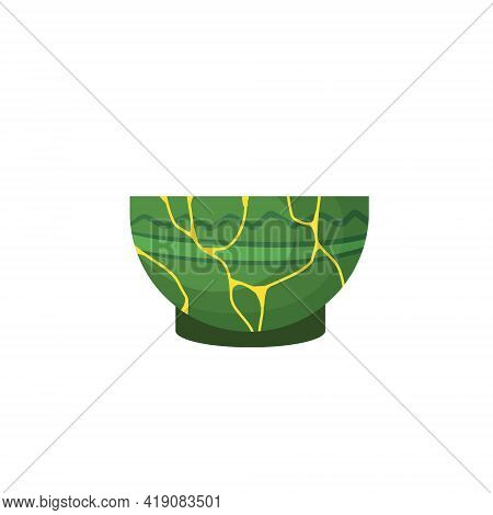 Kintsugi - Japanese Art. Glued Cup For Tea Ceremony. Restoration Of Broken Ceramic And Clay Dishes. 