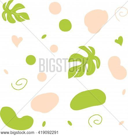 Vector Pattern Pink Abstract Pink Spots And Green Leaves On A White Background