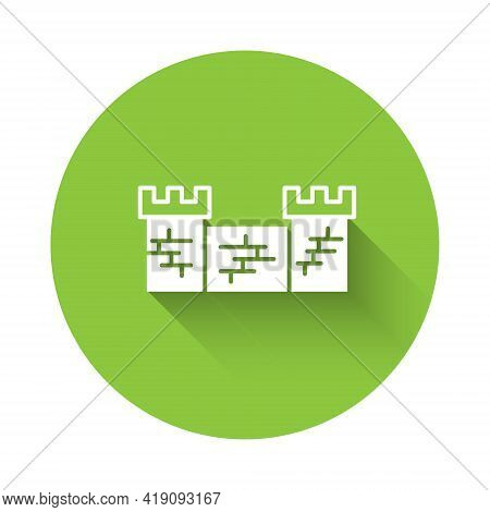 White Great Wall Of China Icon Isolated With Long Shadow. Green Circle Button. Vector