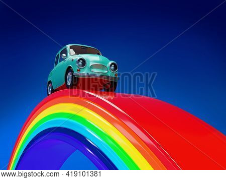 Car Retro Hippie Riding On A Rainbow, On A Blue Background. 3d Illustration