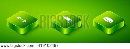 Set Isometric Volleyball Net, Hockey Puck And Dumbbell Icon. Vector