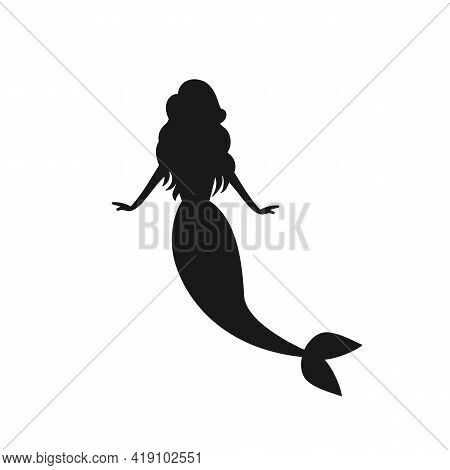 Beautiful Mermaid Silhouette Isolated On White Background.  Little Mermaid Character. Vector Stock