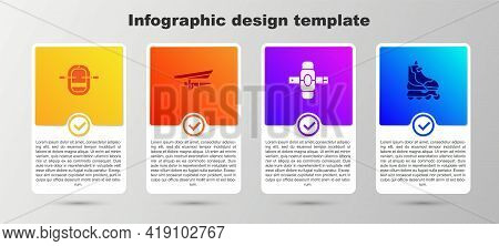Set Rafting Boat, Hang Glider, Knee Pads And Roller Skate. Business Infographic Template. Vector