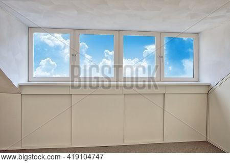 Fresh White Modern Dormer Window With Blue Sky And White Clouds View, New Dormer, Roof Window In Emp