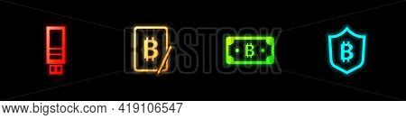 Set Usb Flash Drive, Mining Bitcoin From Tablet, Cryptocurrency And Shield With Icon. Vector