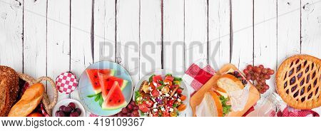 Summer Picnic Food Bottom Border. Variety Of Cold Salads, Sandwiches, Fruit And Treats. Top View Ove