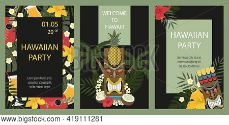 Set Of Hawaiian Cards. Hawaiian Party Invitation. Сards With Tiki Statue, Flowers, Palm Leaves.