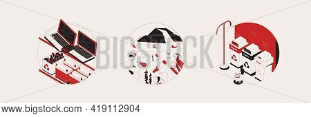Set With Isolated Garbage Round Compositions Of Isometric Trash Bin Images Used Electronics And Food
