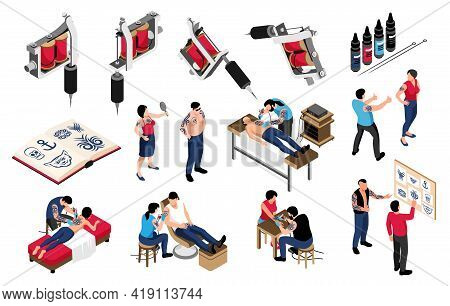 Tattoo Isometric Set Of Professional Equipment Album With Various Tattooing Design Style Images Tatt