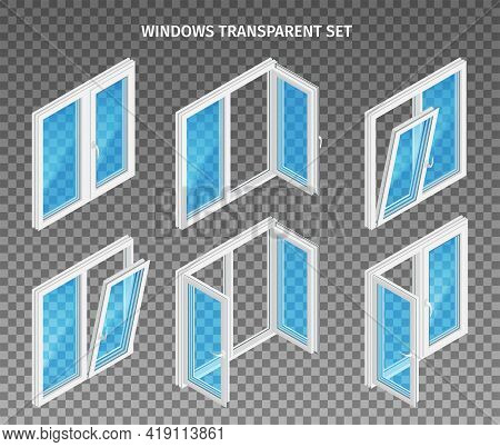 Set Of Double And Three Leaf Plastic Windows With Opened And Closed Casements On Transparent Backgro