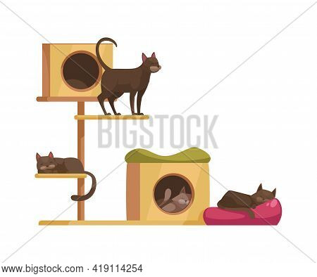 Cartoon Icon With Cute Cats Sitting And Sleeping On Cat Tree With Scratchers Vector Illustration