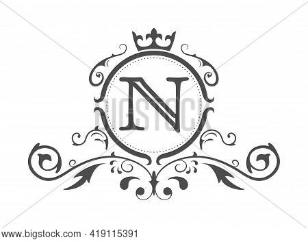 Stylized Letter N Of The Latin Alphabet. Monogram Template With Ornament And Crown For Design Of Ial